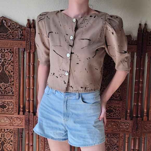 Vintage 80s Neutral Paint Splatter Shoulder Pad Skirt Set Suit Separates - Picture 8 of 16